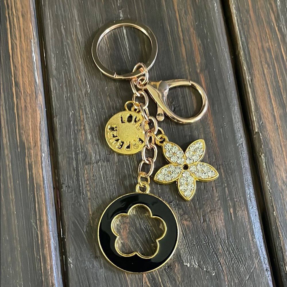 Unbranded Gold and Black Keychain/Bag Charm with Flower Charm